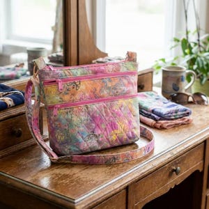 May include: A colorful quilted crossbody bag with a vibrant pattern of pink, orange, and purple hues. The bag features three zippered compartments and a matching adjustable strap. The bag is sitting on a wooden surface.