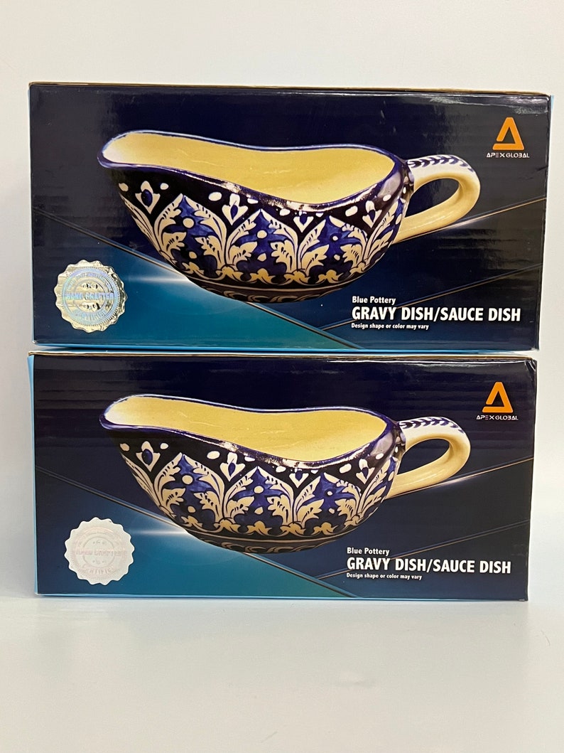 Apexglobal Blue Pottery Gravy Boat. Handcrafted Ceramic Decorative