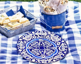 ApexGlobal Blue Pottery Dinner Plate. Handcrafted Ceramic Flower Large Plate. 20 cm x 2 cm. Unique Gift Idea. Home Décor
