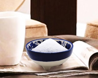 ApexGlobal Blue Pottery White Mini Dish. Handcrafted Ceramic Small Decorative Snack/Dip Bowl/Plate. 9 cm x 3.5 cm. Unique Gift Idea