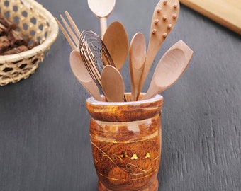 ApexGlobal Wooden Utensil Holder with Metal Inlays. Handcrafted Indian Rosewood Cup/Pencil Holder. 11 cm x 8 cm Unique Gift Idea. Home Décor