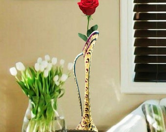 ApexGlobal Carved Metal Vase with Handle. Handcrafted Brass Floor Flower Vase. 29 cm x 7 cm. Unique Gift Idea. Home Décor