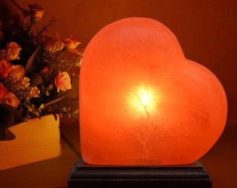 ApexGlobal Heart Shaped Individually Hand Crafted Himalayan Pink Salt Lamp Amber Glow Wooden Base with Dimmer Switch  & Bulb Best Gift Item