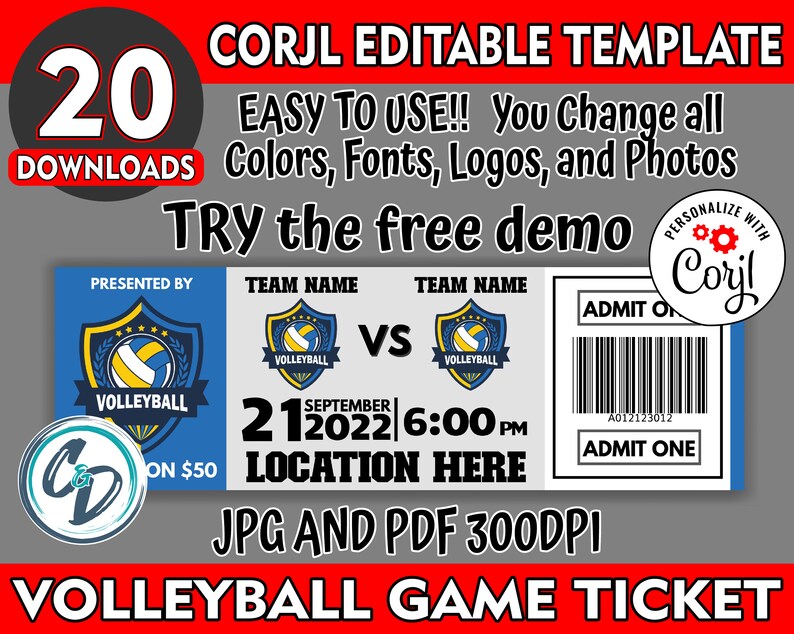 EDITABLE and PRINTABLE Volleyball Game Ticket Custom Etsy