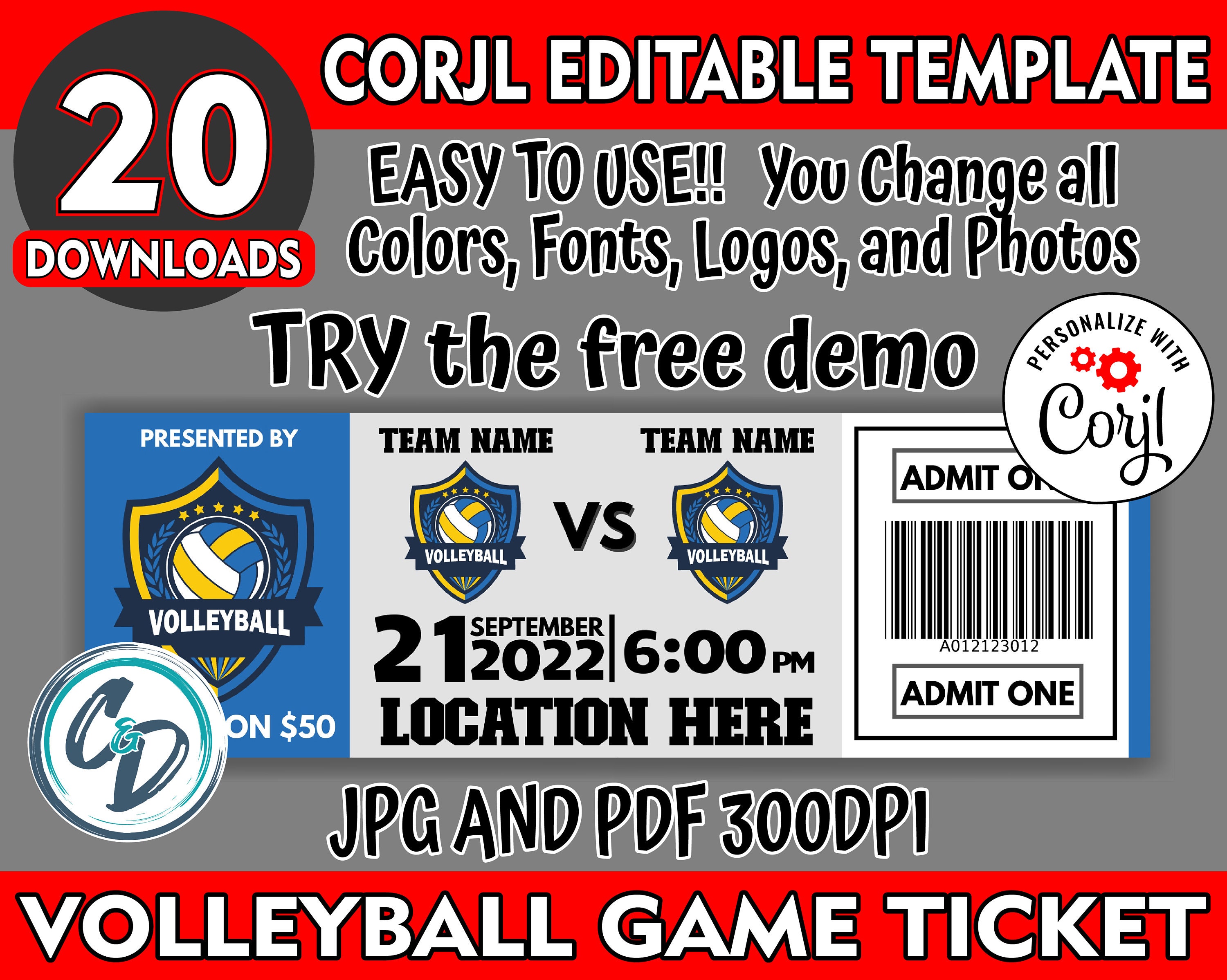 EDITABLE and PRINTABLE Volleyball Game Ticket Custom Etsy