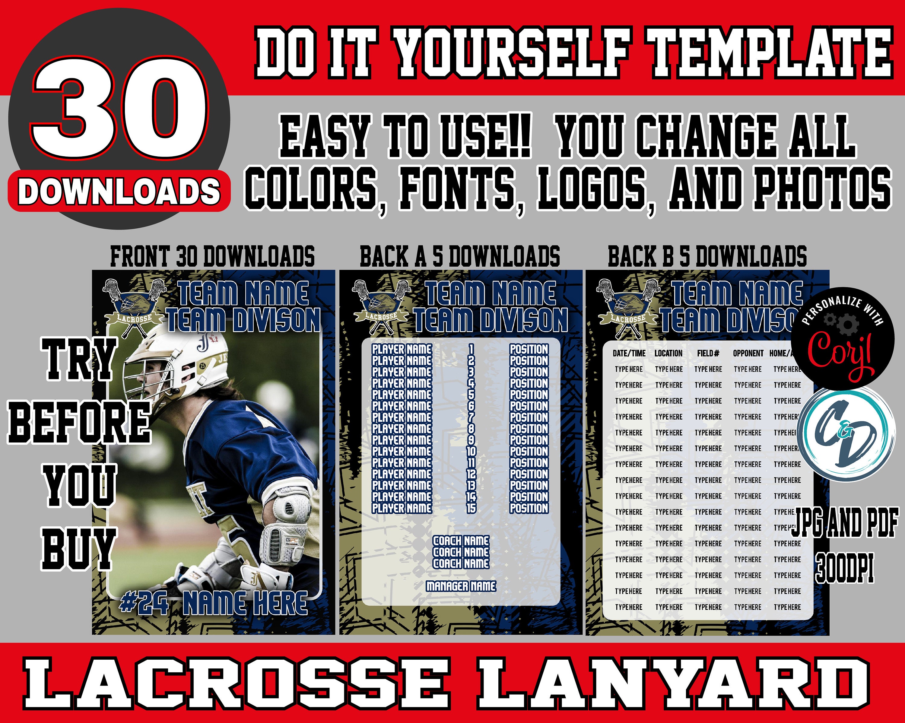 EDITABLE and PRINTABLE Lacrosse Lanyard Template Custom Etsy