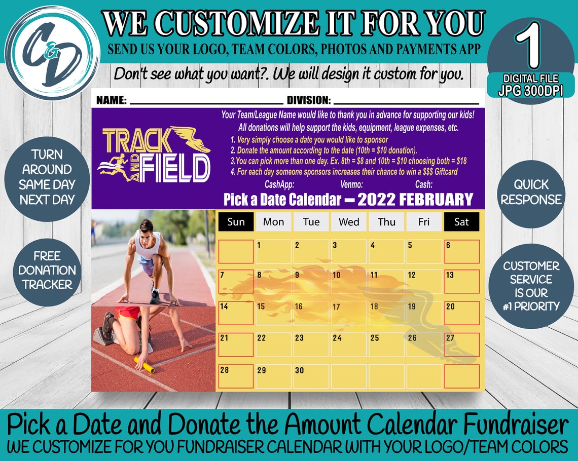 Track and Field Fundraiser Calendar 2022 Pick a Date Donation Etsy