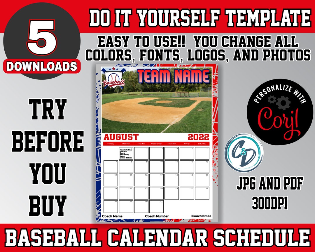 EDITABLE and PRINTABLE Baseball Calendar Schedule Template Etsy
