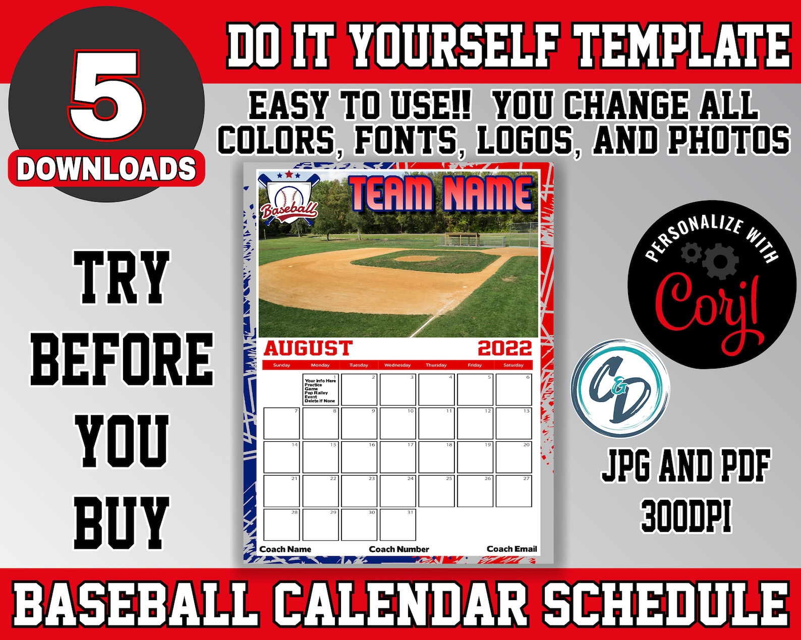 EDITABLE and PRINTABLE Baseball Calendar Schedule Template - Etsy