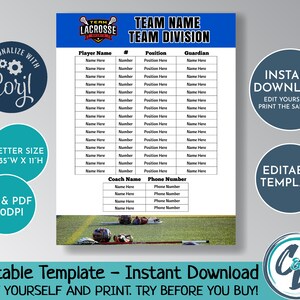 EDITABLE and PRINTABLE Lacrosse Roster Sheet Template Custom - Etsy