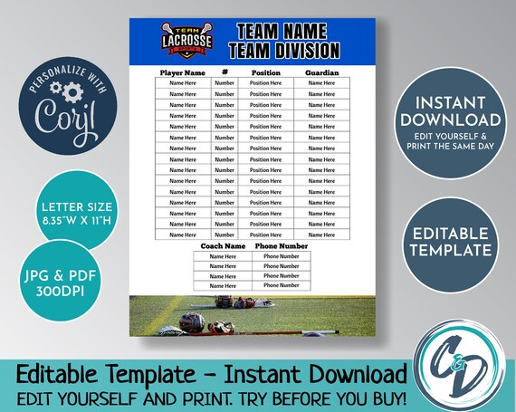 EDITABLE and PRINTABLE Lacrosse Roster Sheet Template Custom - Etsy