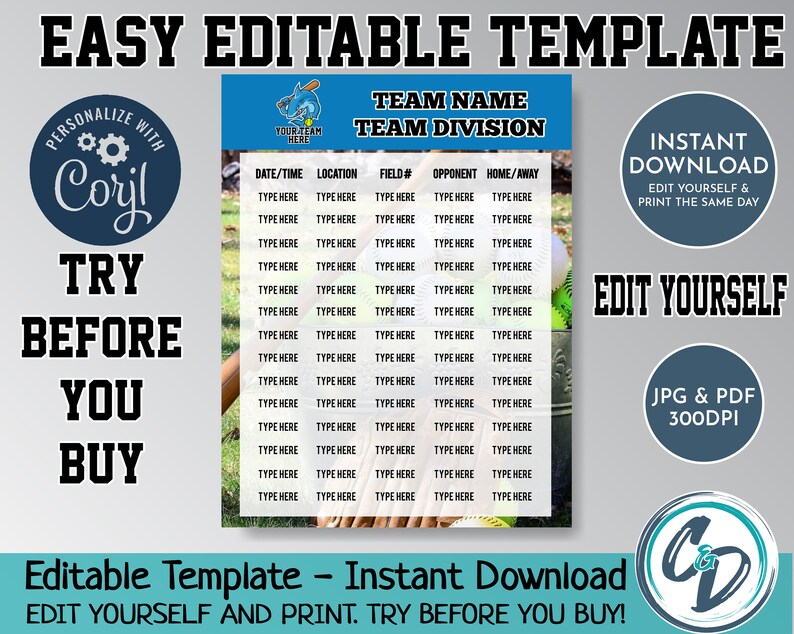 EDITABLE and PRINTABLE Softball Game Schedule Template Custom Etsy Canada