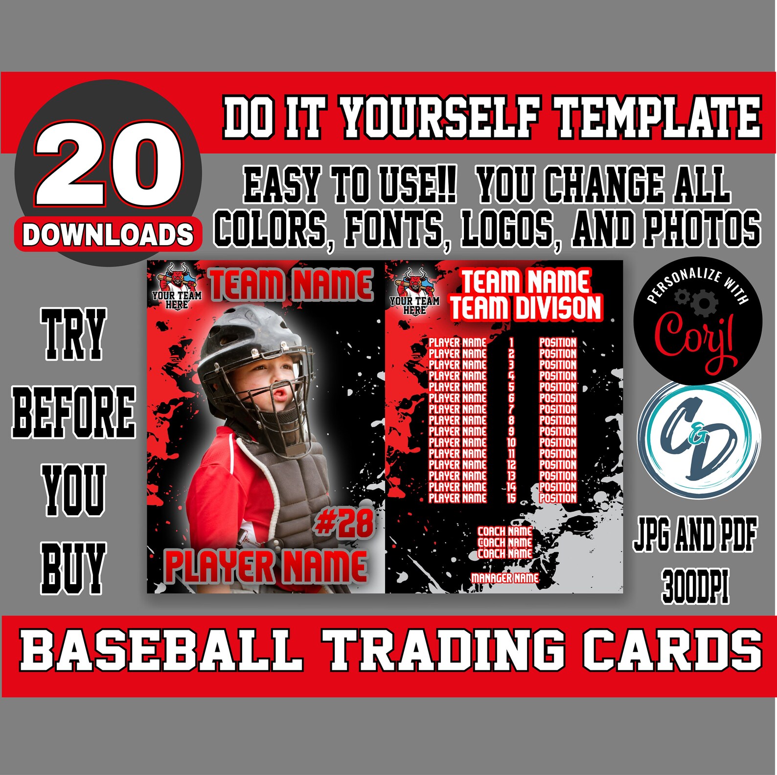 EDITABLE and PRINTABLE Baseball Trading Card Template Custom - Etsy