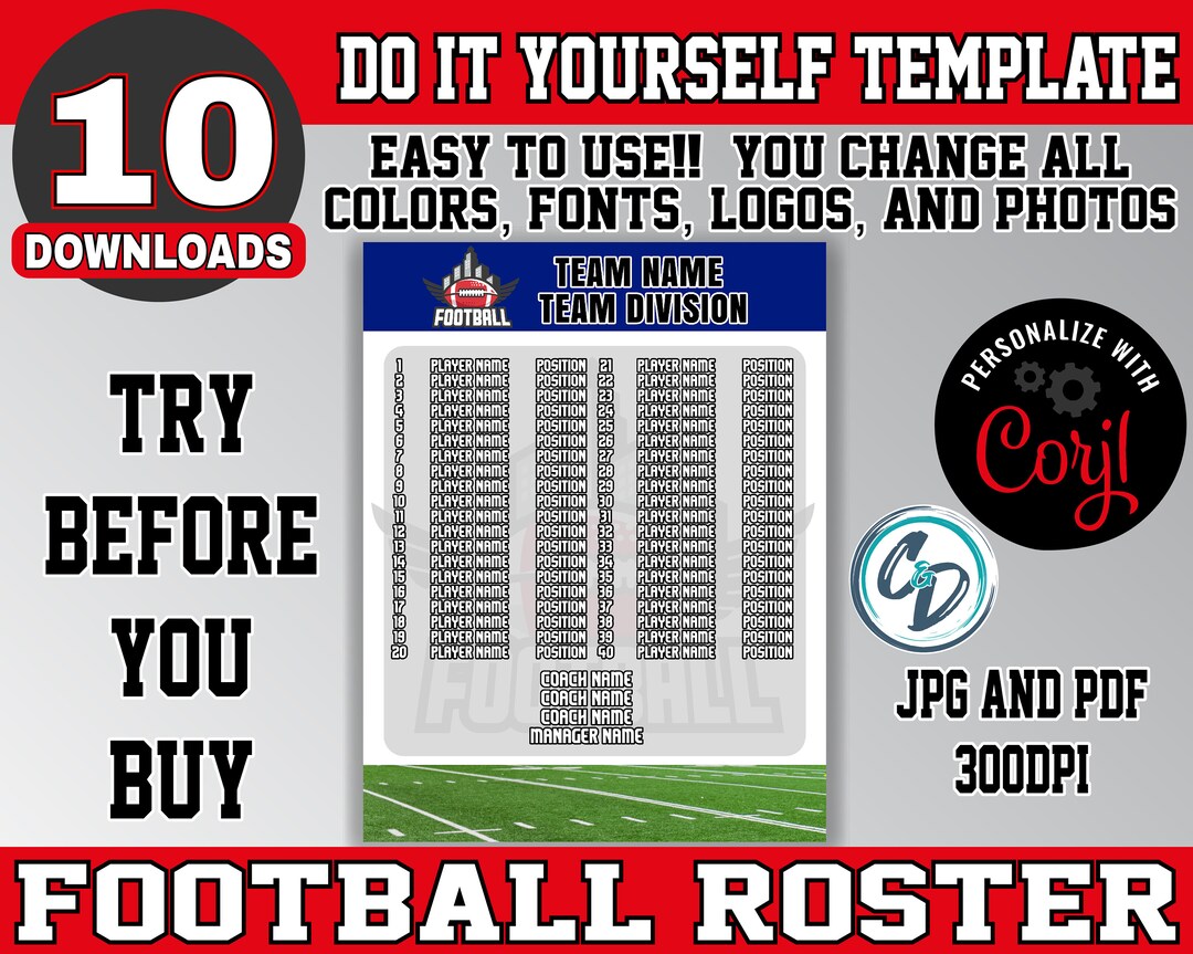 EDITABLE and PRINTABLE Football Roster Sheet Template Custom Etsy