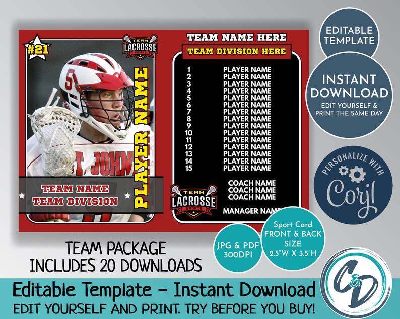 EDITABLE and PRINTABLE Lacrosse Trading Card Template Custom Etsy