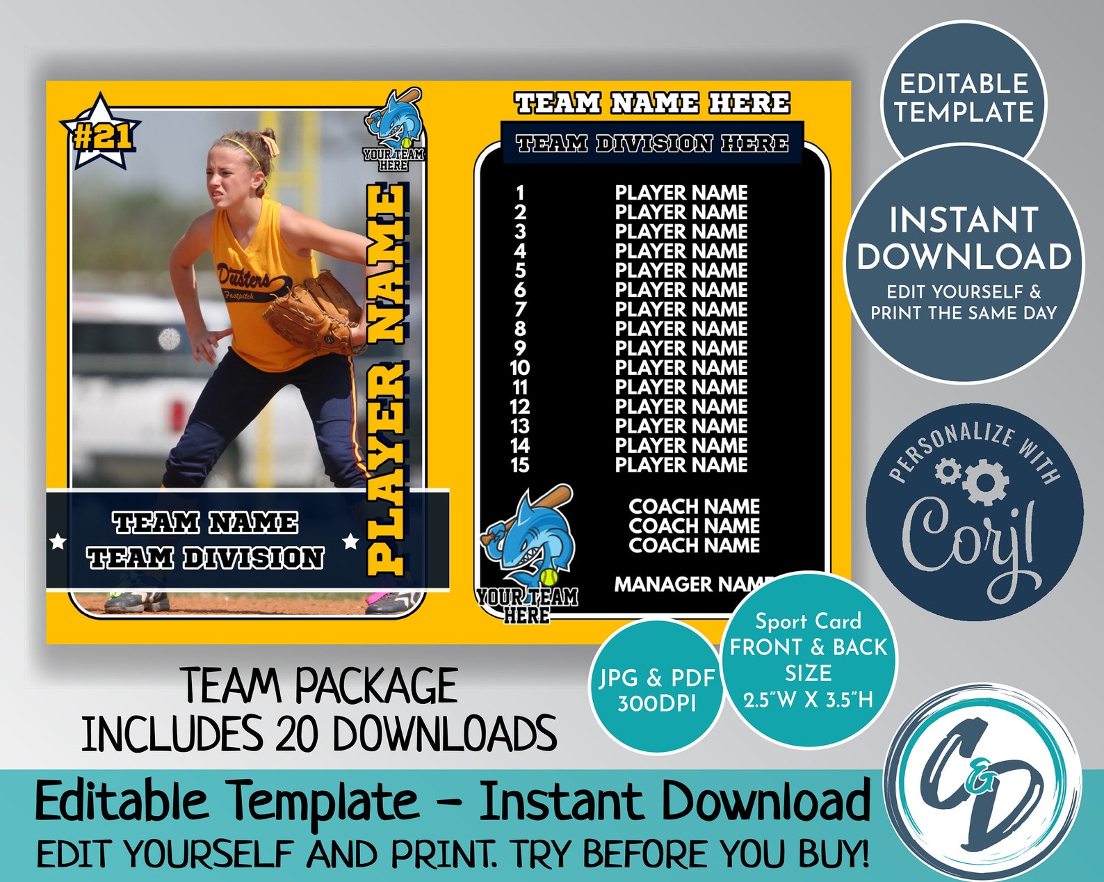 EDITABLE and PRINTABLE Softball Trading Card Template Custom Etsy