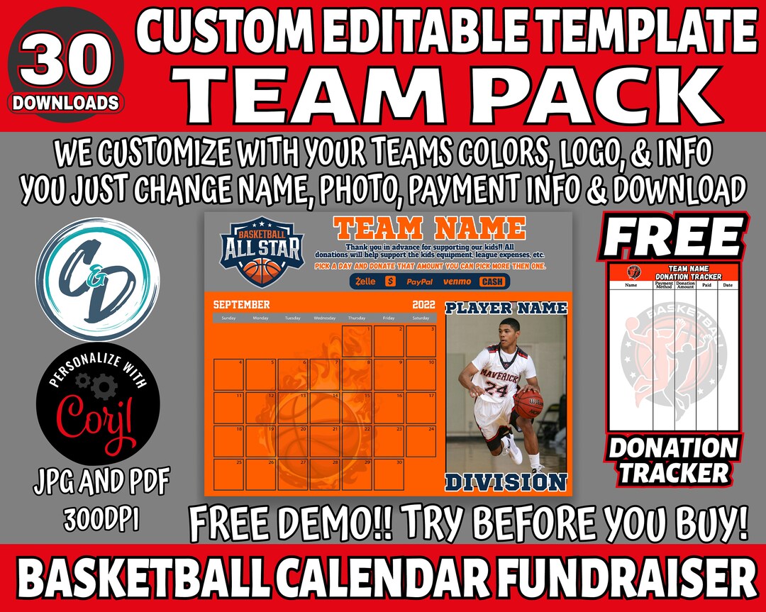 EDITABLE and PRINTABLE Basketball Calendar Fundraiser Team - Etsy