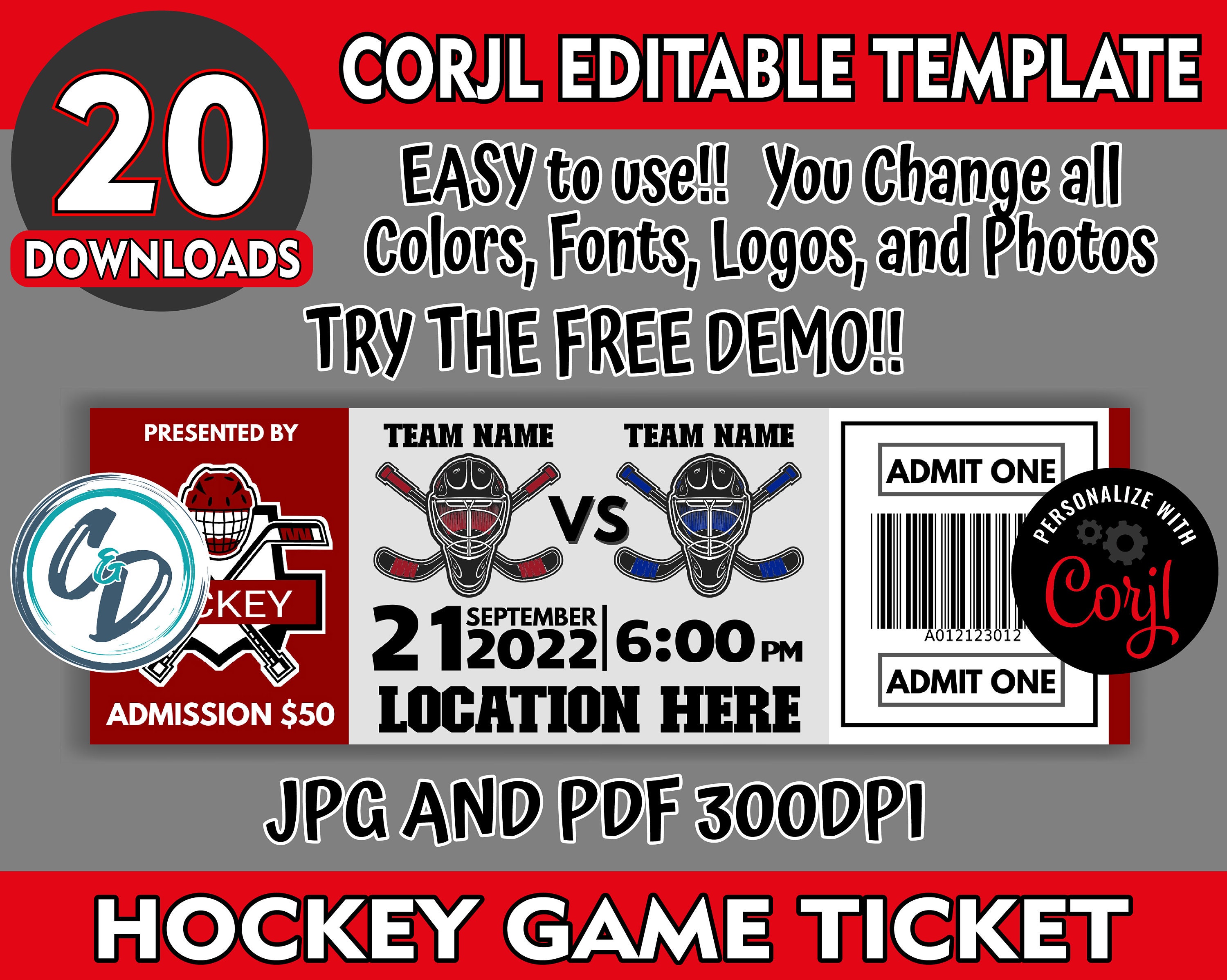 EDITABLE and PRINTABLE Hockey Game Ticket Custom Hockey Etsy