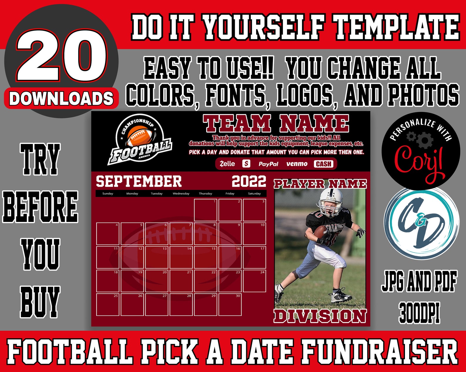 EDITABLE and PRINTABLE Football Calendar Fundraiser Football Etsy Denmark