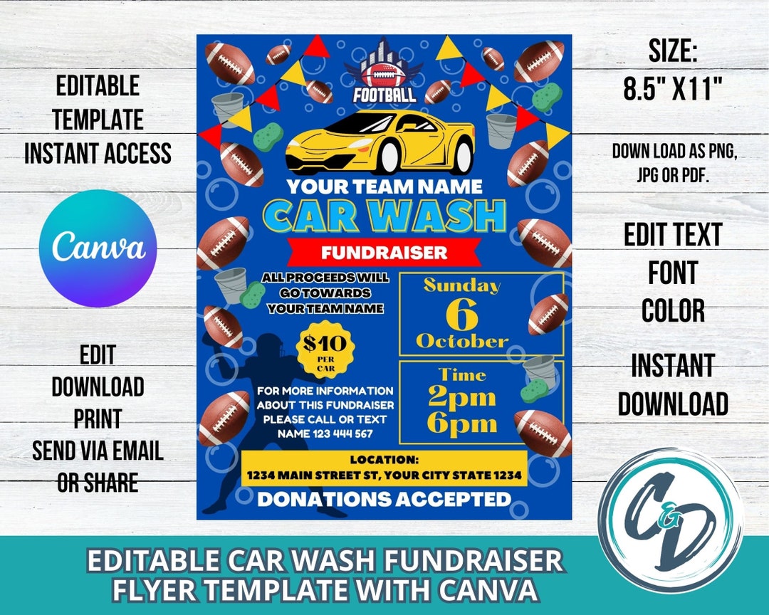 Football Car Wash Fundraiser Flyer Editable Football Car Wash Etsy
