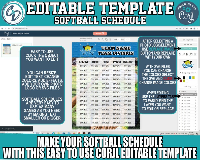 EDITABLE and PRINTABLE Softball Game Schedule Template Custom Etsy
