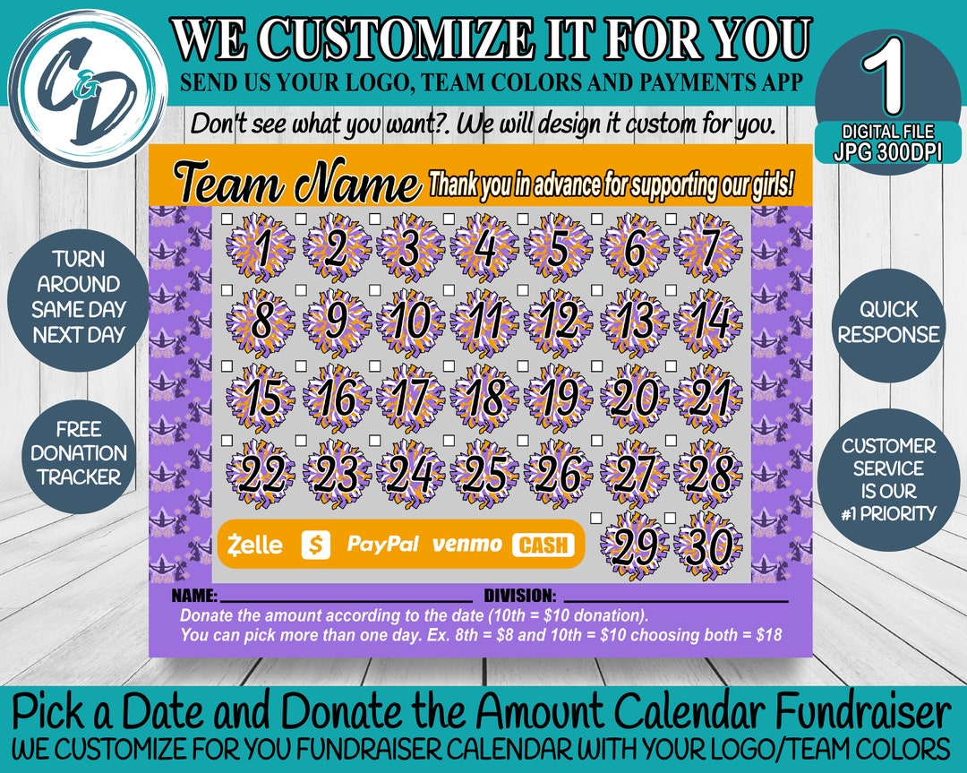 Cheerleading Fundraiser Calendar Pick a Date Donation Cheer Etsy