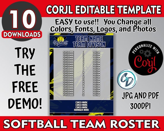 EDITABLE and PRINTABLE Softball Roster Sheet Template Custom - Etsy