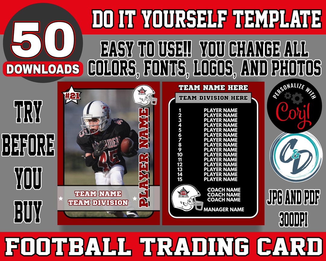 EDITABLE and PRINTABLE Football Trading Card Template Custom Etsy