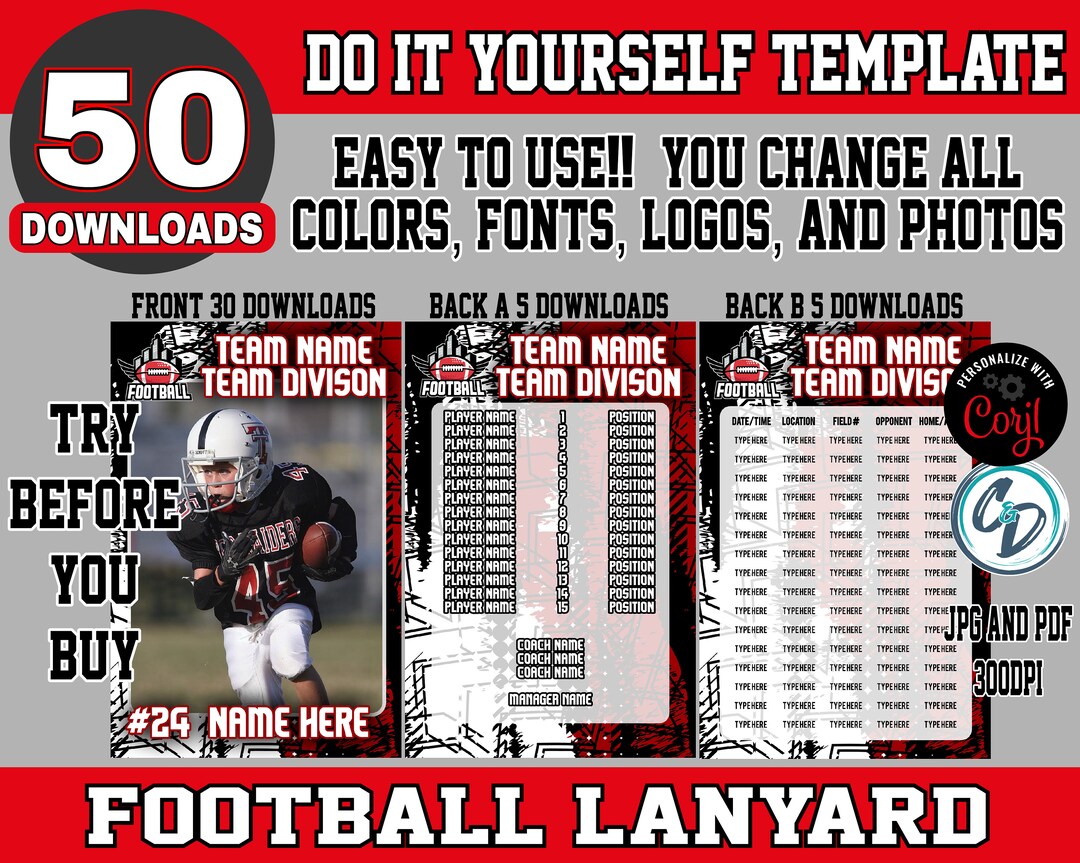EDITABLE and PRINTABLE Football Lanyard Template Custom Etsy