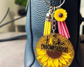 F*ck Endometriosis Keychain | Endometriosis Awareness Keychain | Yellow Ribbon Sunflower Keychain | Custom Glitter Tassel Keychain