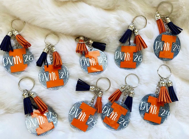 May include: Keychains with a silver glitter background, featuring an orange letter "I" and the text "DVM" with a year. Each keychain has a silver ring and two tassels, one navy blue and one orange.