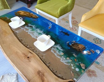 3D Ocean Epoxy Coffee Table – Live Edge Wood, Sandy Beach, Fish, Coastal Art