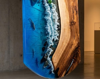 Custom Resin Ocean Wave Coffee Table with Shark - Live Edge Wood