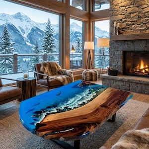 Custom Resin Ocean Wave Coffee Table with Shark - Live Edge Wood