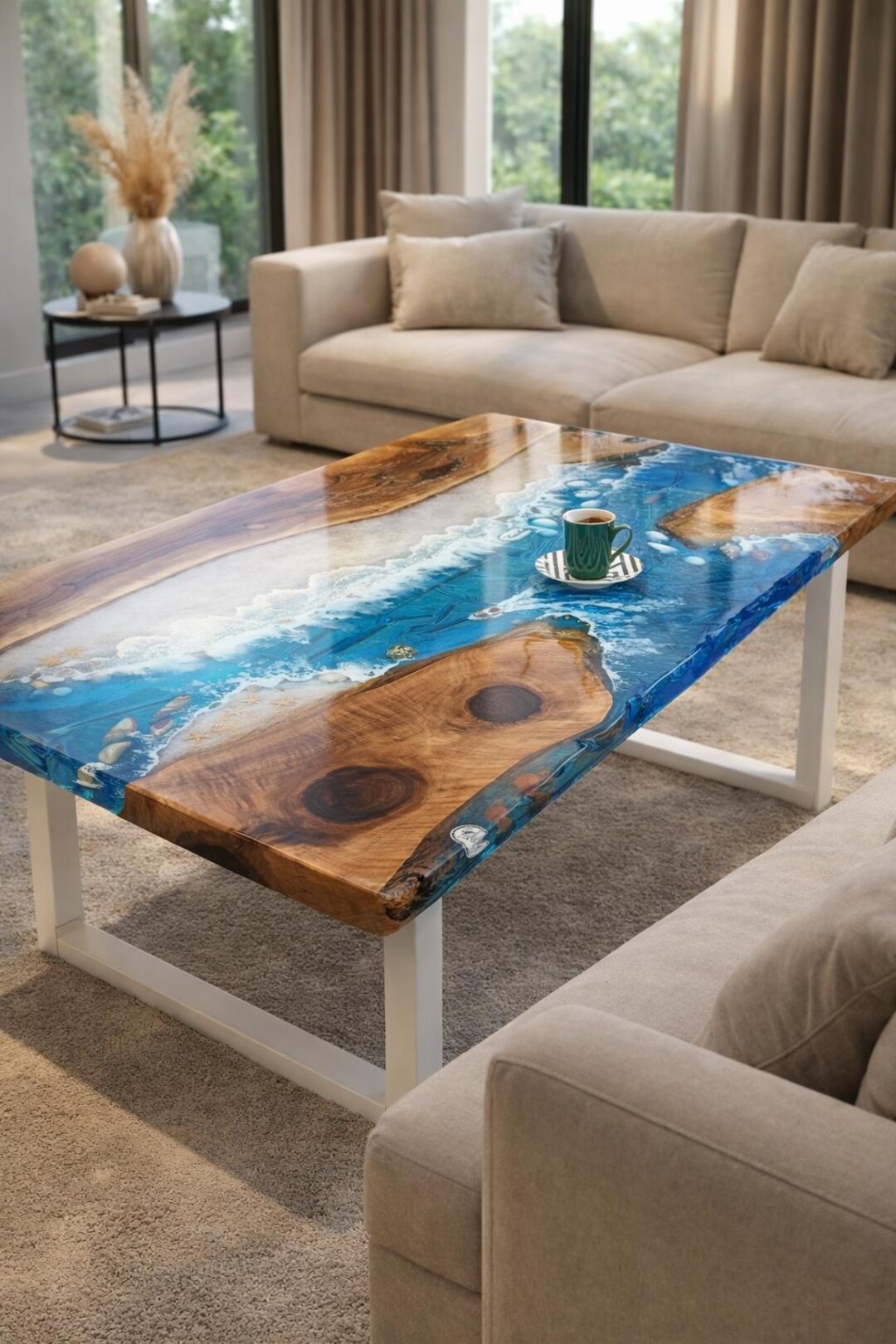 Handmade Live Edge Walnut Coffee Table, 3D Ocean Resin Art