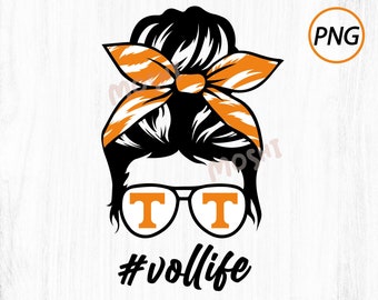 May include: Black and white illustration of a woman with a messy bun wearing orange and white striped headband with the letter "T" in the sunglasses and the text "#vollife" below.
