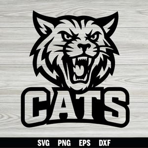 Puede incluir: Gráfico en blanco y negro de un felino rugiendo con la palabra "CATS" debajo. La imagen tiene un diseño audaz y agresivo, ideal para equipos deportivos o espíritu escolar. Opciones de tipo de archivo: SVG, PNG, EPS y DXF.