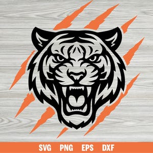 Op de afbeelding: Zwart-wit illustratie van een tijgerkop met open mond en zichtbare tanden, omringd door oranje klauwstrepen. De onderkant van de afbeelding bevat de tekst "SVG PNG EPS DXF" in witte letters op een oranje achtergrond.