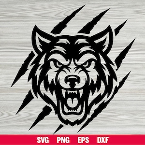 Puede incluir: Ilustración en blanco y negro de una cabeza de lobo gruñendo con garras afiladas. El lobo tiene una expresión enfadada con los dientes descubiertos. La parte inferior de la imagen tiene el texto "SVG PNG EPS DXF" en blanco sobre un fondo rojo.