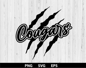 May include: A black graphic design featuring the word Cougars in a stylised script font layered over three jagged claw marks. The design is presented as a digital file format, with the text PNG, SVG, and EPS visible at the bottom of the image.