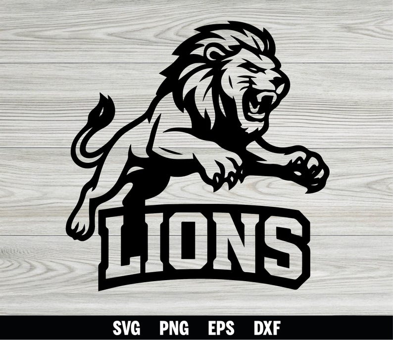 May include: A black and white graphic depicting a leaping lion with the word "LIONS" beneath it. The lion is roaring, with its claws extended. The image also includes the file types SVG, PNG, EPS, and DXF.
