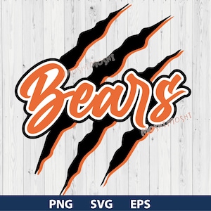 May include: Orange and black graphic design with the word "Bears" in a bold, orange font. The design features a set of black claw marks.