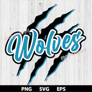 Puede incluir: Un diseño gráfico azul y negro con la palabra "Wolves" en una fuente en negrita y estilizada. El diseño presenta una marca de garra con un contorno azul.