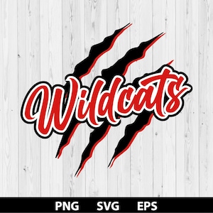 May include: A graphic design featuring the word Wildcats in a bold red script font with a thick white and black outline. Behind the text are three jagged black claw marks with thin red outlines, creating a sharp, layered effect on a white background.