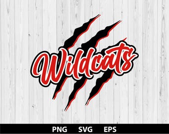 May include: A graphic design featuring the word Wildcats in a bold red script font with a thick white and black outline. Behind the text are three jagged black claw marks with thin red outlines, creating a sharp, layered effect on a white background.