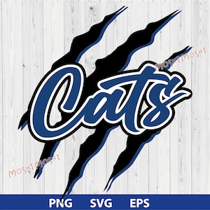 May include: Blue and white "Cats" text with black claw marks behind it. The background is a white woodgrain pattern.