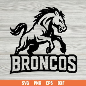 Puede incluir: Gráfico en blanco y negro de un caballo encabritado con la palabra "BRONCOS" debajo. El caballo está estilizado con líneas nítidas, transmitiendo una sensación de poder y movimiento. La imagen está sobre un fondo de vetas de madera clara, con opciones de tipo de archivo en la parte inferior.