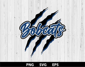 May include: A graphic design featuring the word Bobcats in a blue script font with a white outline, layered over three black claw marks that have a blue shadow effect. The text is centred and the design is presented on a white wood background.