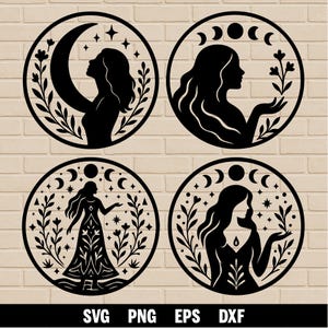 Puede incluir: Cuatro diseños circulares negros con siluetas de mujeres, lunas, estrellas y elementos florales. Los diseños incluyen el texto "SVG PNG EPS DXF" en la parte inferior. Las imágenes están sobre un fondo de pared de ladrillo.