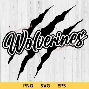 Op de afbeelding: Zwart-wit grafisch ontwerp van drie klauwen met het woord "Wolverine" in een vet, gestileerd lettertype.